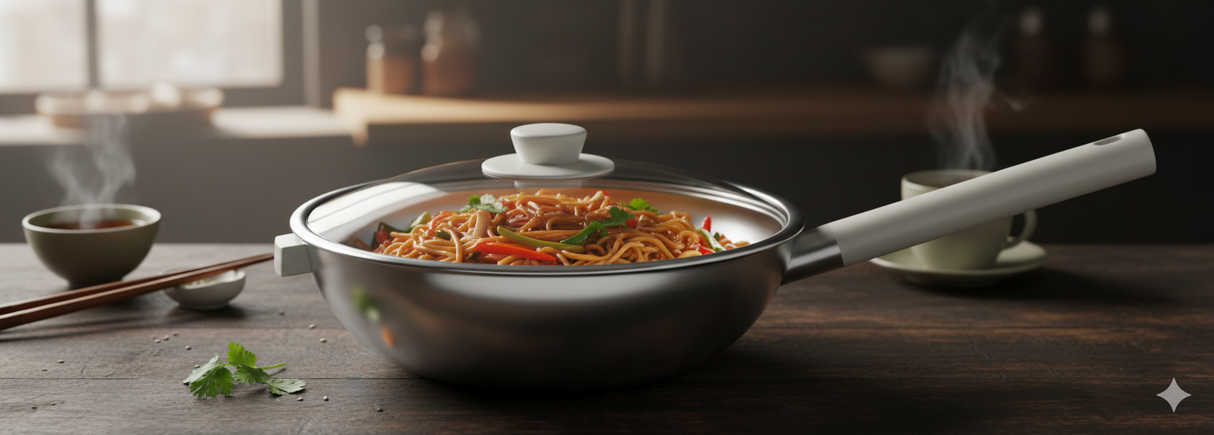 Saturn Mirror Stainless Steel Wok With Lid and While Enamel Knob