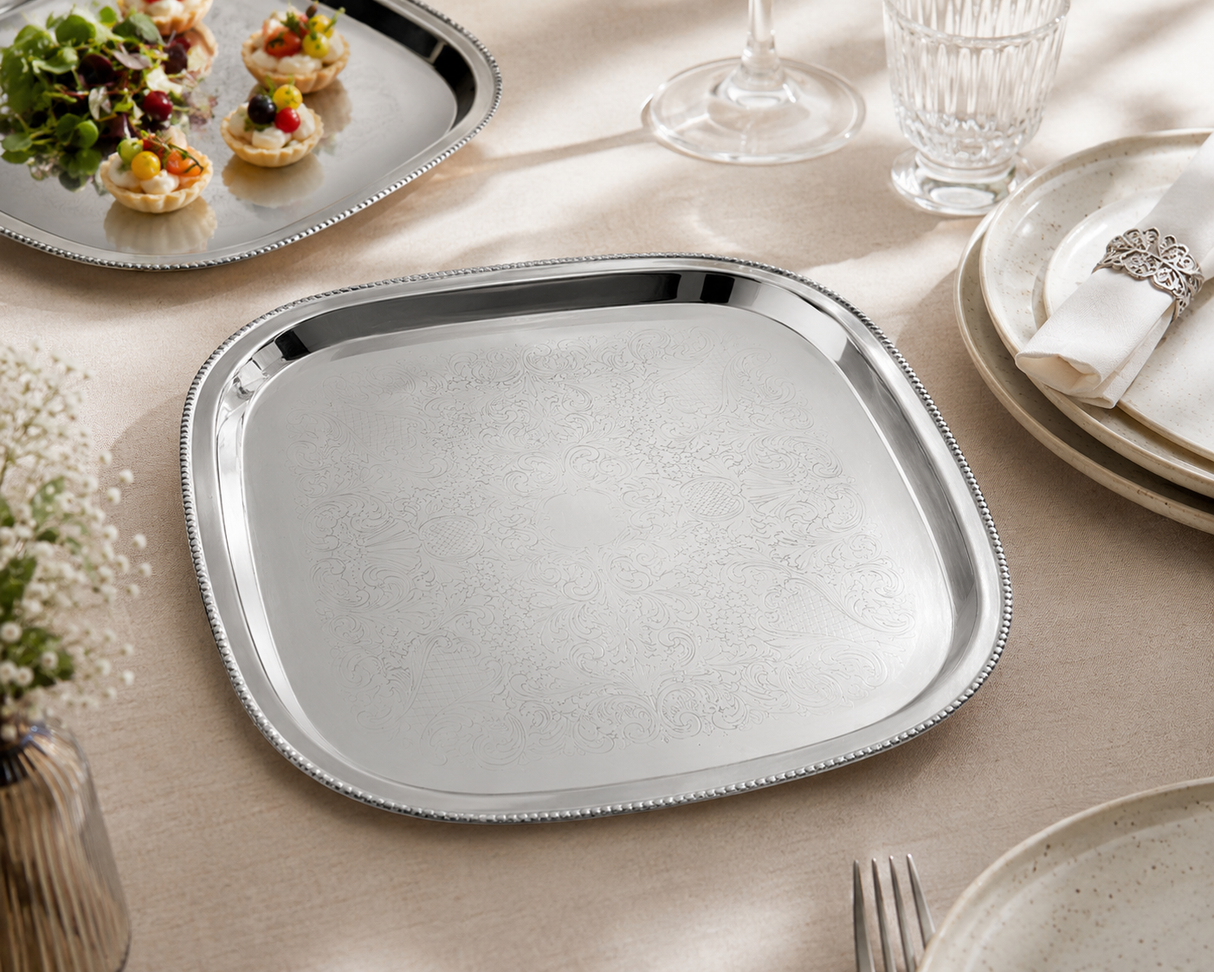 Bead Etched Silver Finish Steel 15x15in Square Tray