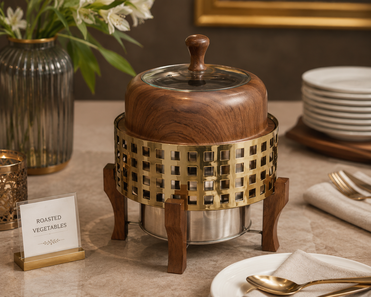 Checkers Wood and Mirror Gold Finish Chafing Dish 6 L