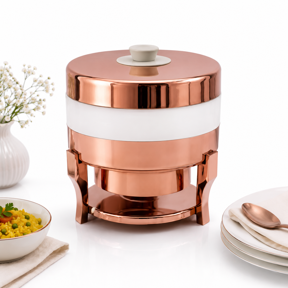 Saturn Mirror PVD Rose Gold Induction chafing Dish 6 Ltr with White Enamel Ring(13.75 D x 12.5 H in)