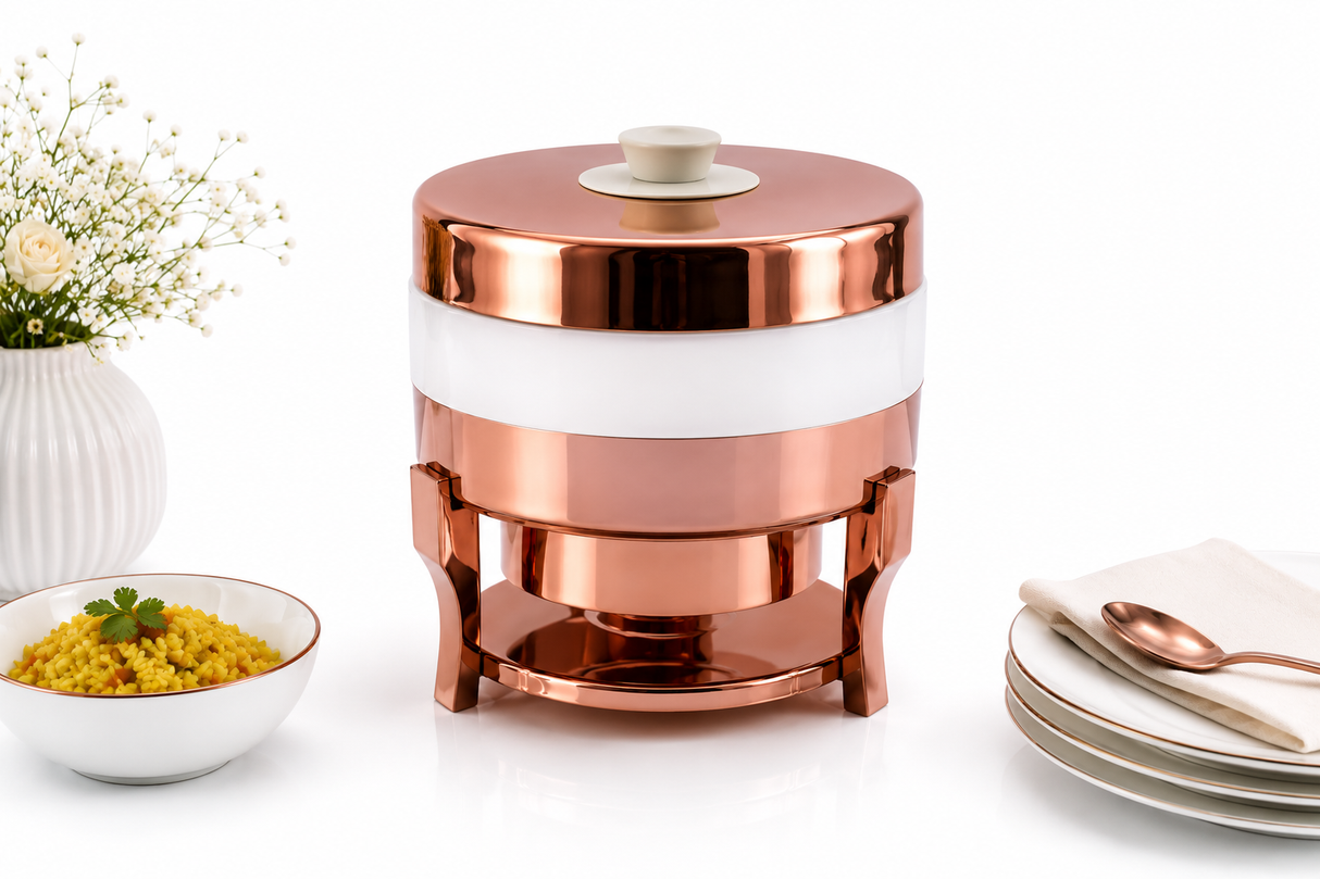 Saturn Mirror PVD Rose Gold Induction chafing Dish 6 Ltr with White Enamel Ring(13.75 D x 12.5 H in)