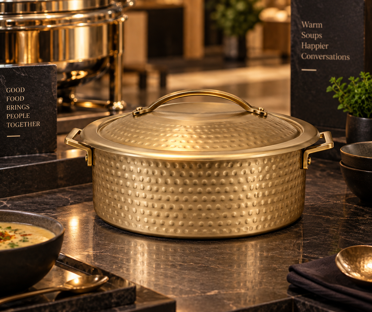 Skyserv Induction Brushed Gold PVD Finish 6 Ltr Round Dutch Oven With Food Pan