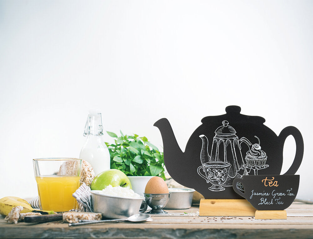 Silhouette TeaPot Wood Base Table Chalk Board with Chalk Marker