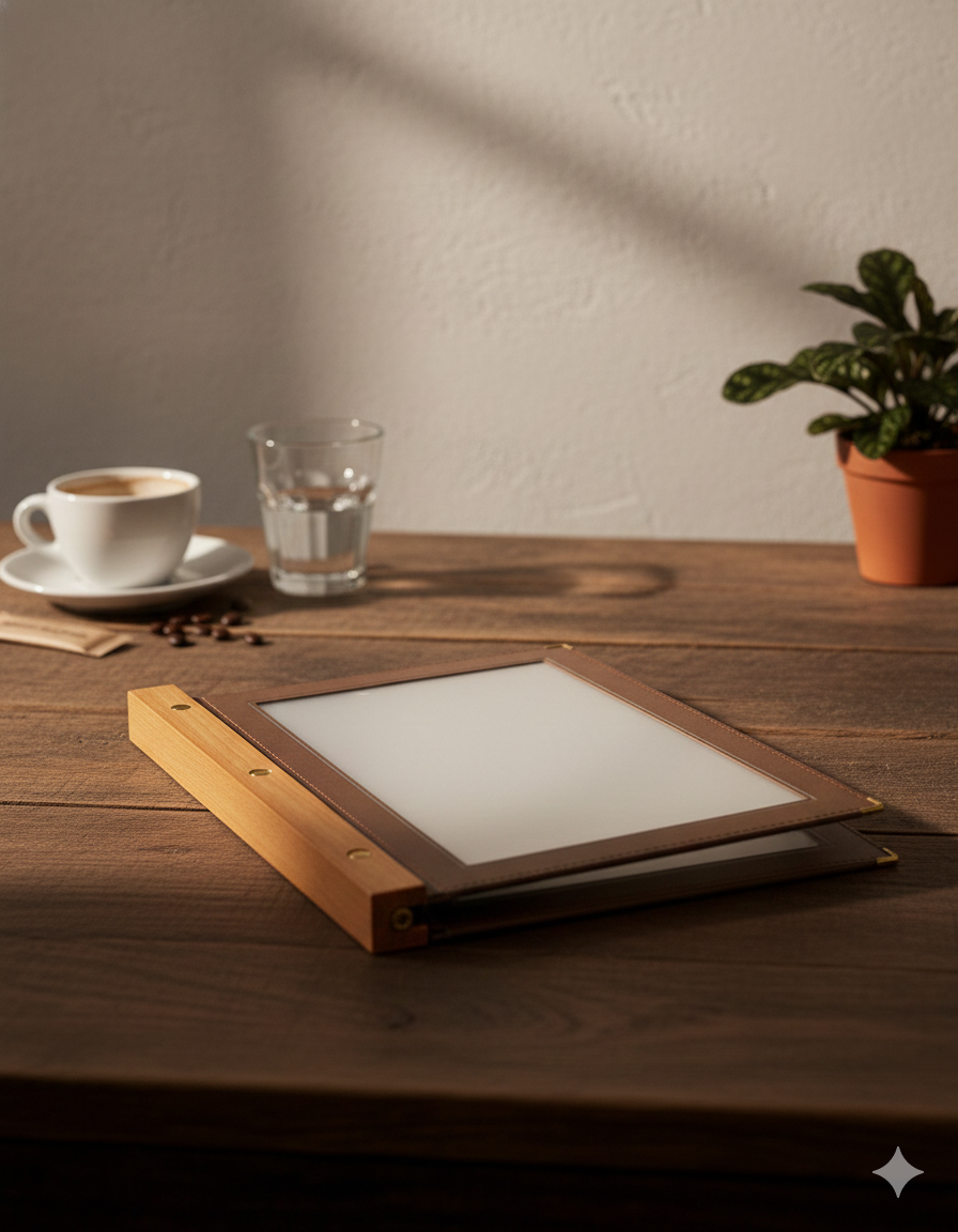 Wood A4 menu holder-with 2 double inserts-Displays 4 A4 Pages (24 x 15 x 2 cm)